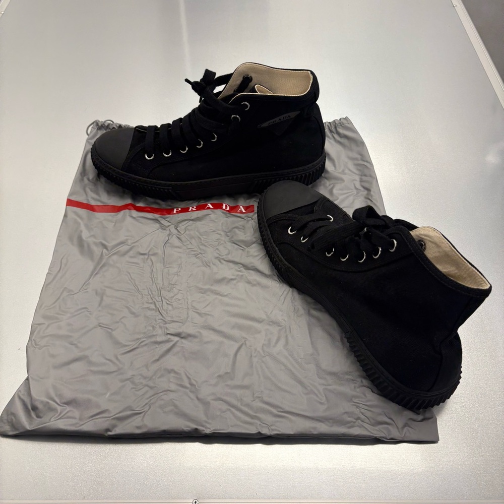 Prada Black Canvas High-Top Sneakers Triangle Logo Creeper Sole Size 41 US 10